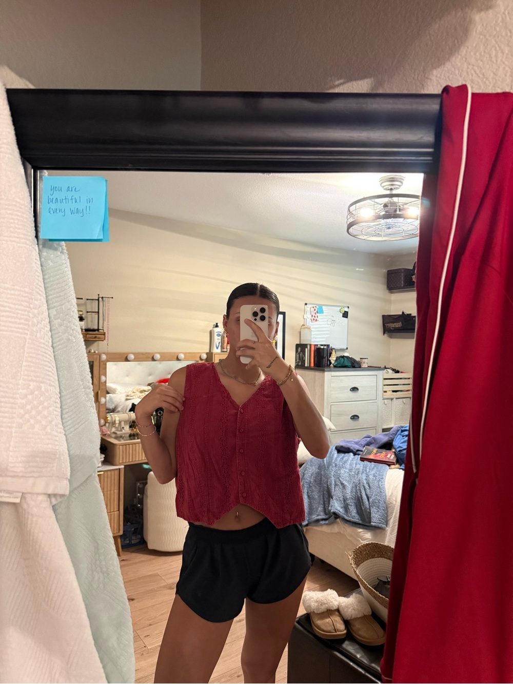 Women's Embroidered Earthbound Red Button-Front V-Neck Tank Top